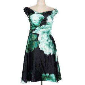 Lela Rose Size 12 Cocktail 100% silk graphic print black, green and white dress
